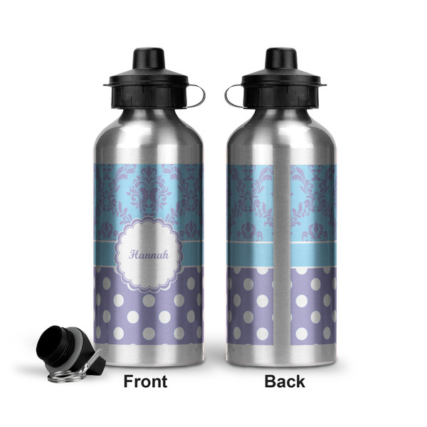 Purple Damask & Dots Aluminum Water Bottle - Front and Back
