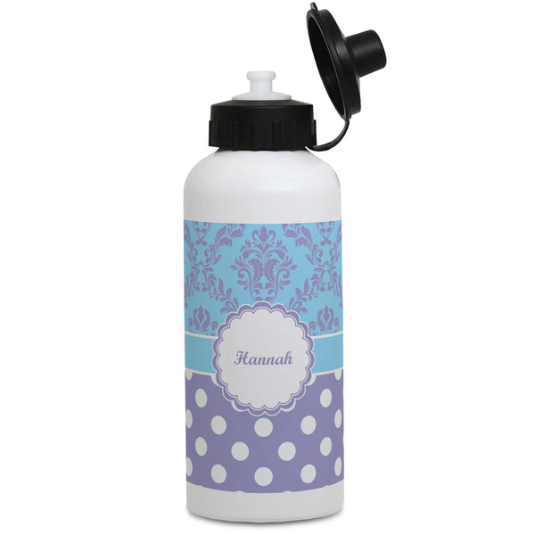 Custom Purple Damask & Dots Water Bottles - Aluminum - 20 oz - White (Personalized)
