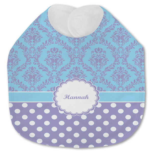 Custom Purple Damask & Dots Jersey Knit Baby Bib w/ Name or Text
