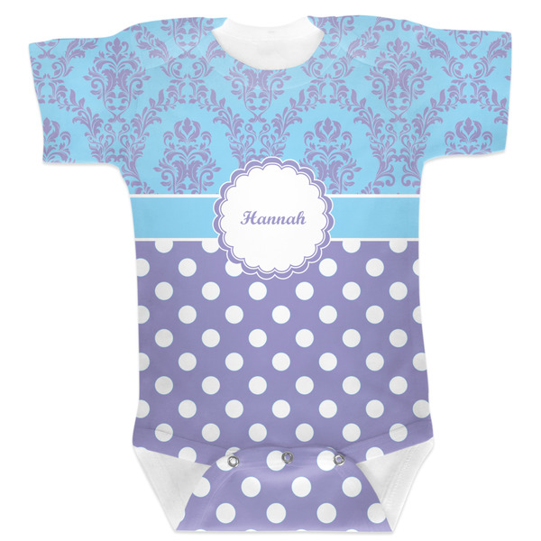 Custom Purple Damask & Dots Baby Bodysuit 0-3 w/ Name or Text