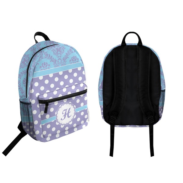Purple Damask & Dots Backpack front and back - Apvl
