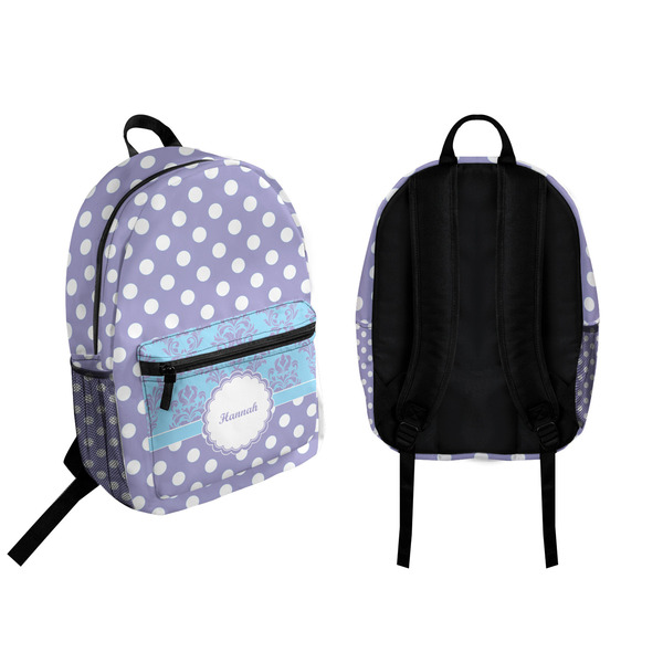 Purple Damask & Dots Backpack front and back - Apvl
