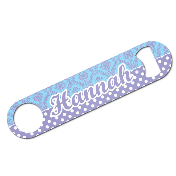 Custom Purple Damask & Dots Bar Bottle Opener w/ Name or Text