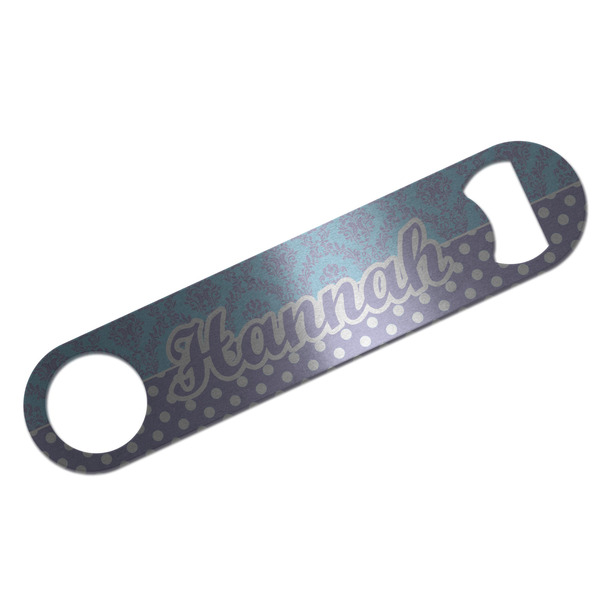 Custom Purple Damask & Dots Bar Bottle Opener - Silver w/ Name or Text