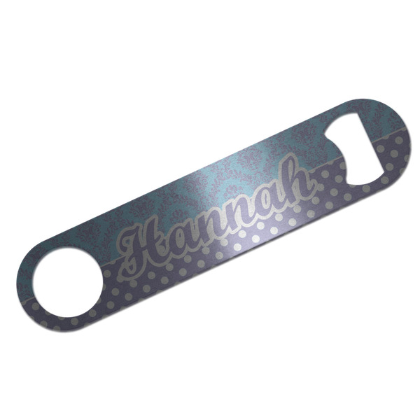Purple Damask & Dots Bar Opener - Silver - Front