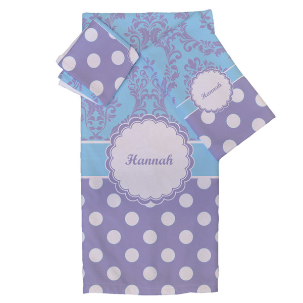Custom Purple Damask & Dots Bath Towel Set - 3 Pcs (Personalized)