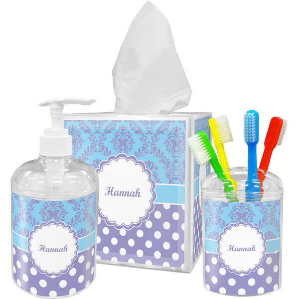Purple Damask & Dots Bathroom Accessories Set (Personalized)