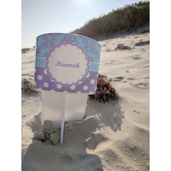 Purple Damask & Dots Beach Spiker white on beach with sand