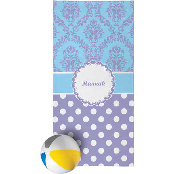 Custom Purple Damask & Dots Beach Towel (Personalized)