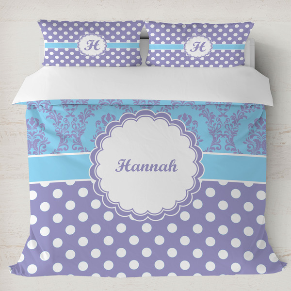 Custom Purple Damask & Dots Duvet Cover Set - King (Personalized)