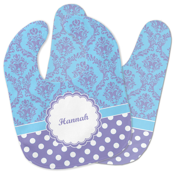Custom Purple Damask & Dots Baby Bib w/ Name or Text