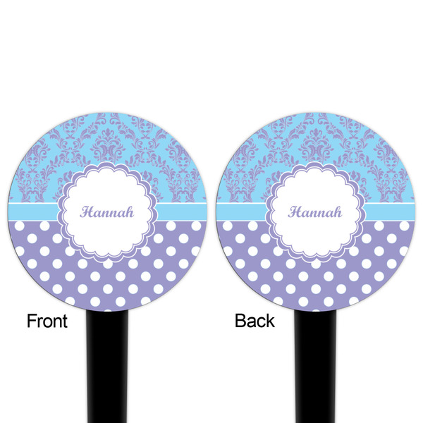 Purple Damask & Dots Black Plastic 4" Food Pick - Round - Double Sided - Front & Back