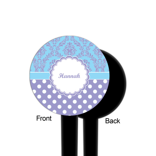 Purple Damask & Dots Black Plastic 4" Food Pick - Round - Single Sided - Front & Back