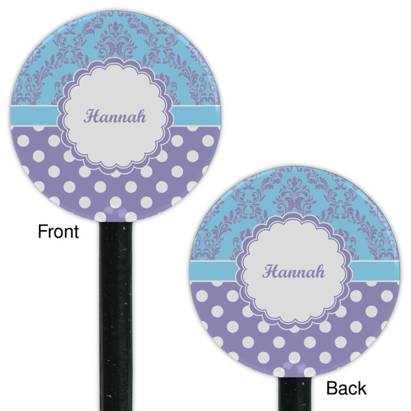 Purple Damask & Dots Black Plastic 5.5" Stir Stick - Double Sided - Round - Front & Back