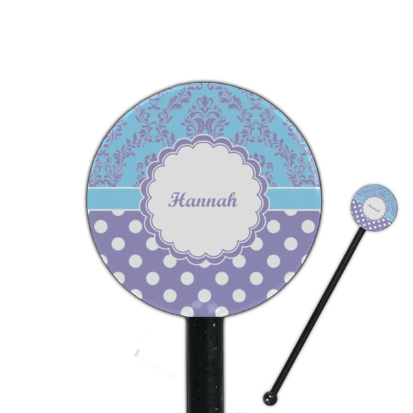 Custom Purple Damask & Dots 5.5" Round Plastic Stir Sticks - Black - Single Sided (Personalized)