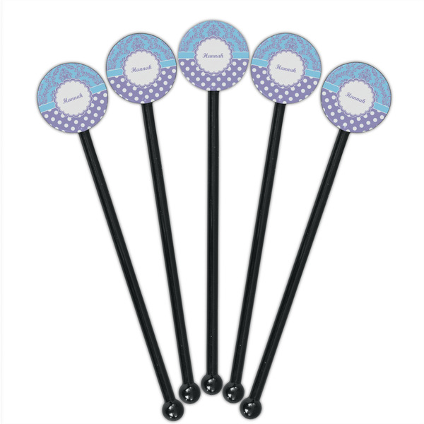 Purple Damask & Dots Black Plastic 5.5" Stir Stick - Round - Fan View