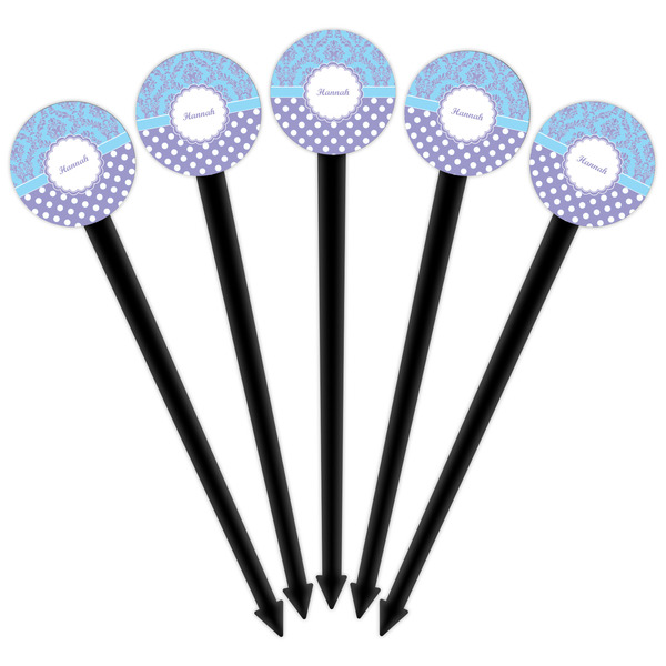 Purple Damask & Dots Black Plastic 6" Food Pick - Round - Fan View