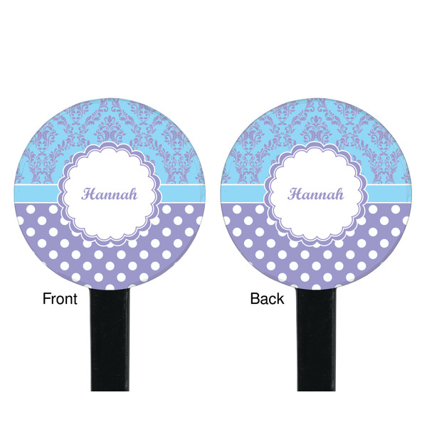 Purple Damask & Dots Black Plastic 7" Stir Stick - Double Sided - Round - Front & Back
