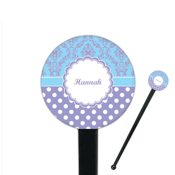 Custom Purple Damask & Dots 7" Round Plastic Stir Sticks - Black - Single Sided (Personalized)