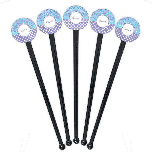 Purple Damask & Dots Black Plastic 7" Stir Stick - Round - Fan View