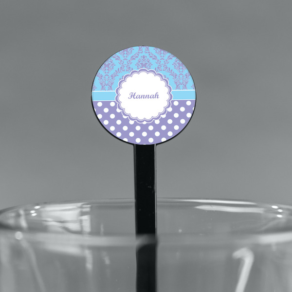 Purple Damask & Dots Black Plastic 7" Stir Stick - Round - Main