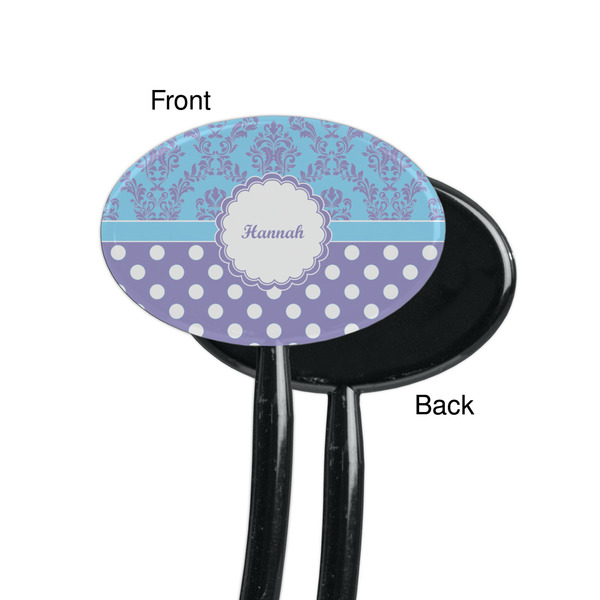 Purple Damask & Dots Black Plastic 7" Stir Stick - Single Sided - Oval - Front & Back