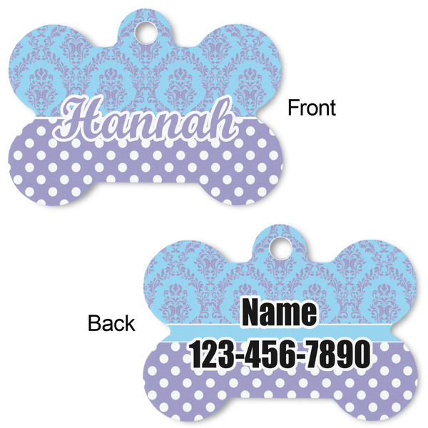 Purple Damask & Dots Bone Shaped Dog ID Tag - Large - Approval