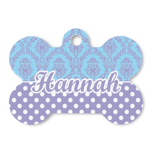 Custom Purple Damask & Dots Bone Shaped Dog ID Tag (Personalized)