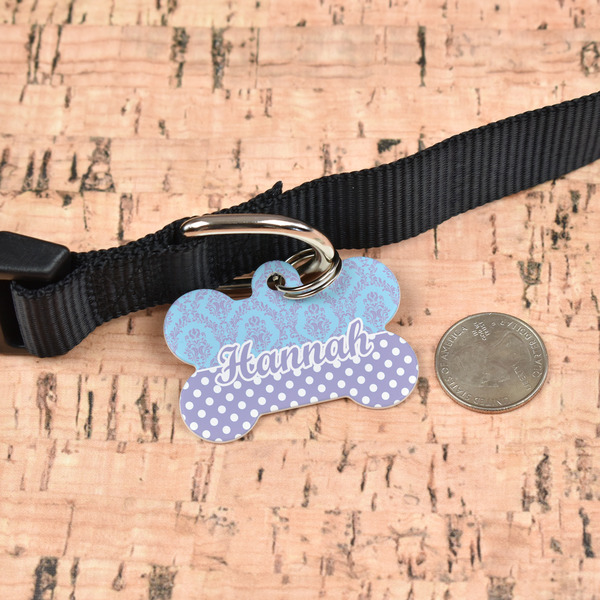 Purple Damask & Dots Bone Shaped Dog ID Tag - Large - In Context