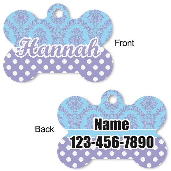 Purple Damask & Dots Bone Shaped Dog Tag - Front & Back