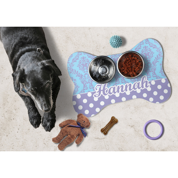 Purple Damask & Dots Bone Shaped Mat w/ Food & Water