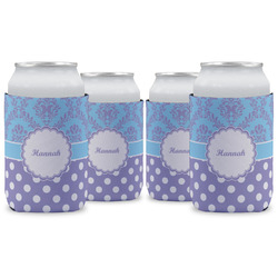 Purple Damask & Dots Can Cooler (12 oz) - Set of 4 w/ Name or Text