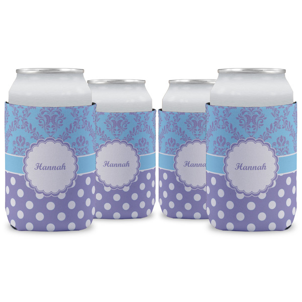 Custom Purple Damask & Dots Can Cooler (12 oz) - Set of 4 w/ Name or Text