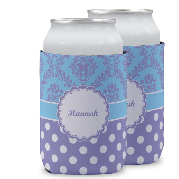 Custom Purple Damask & Dots Can Cooler (12 oz) w/ Name or Text