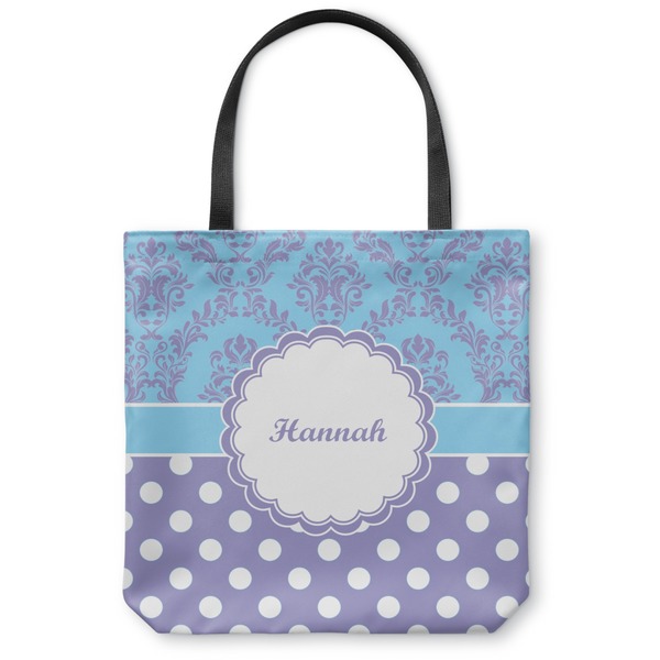 Custom Purple Damask & Dots Canvas Tote Bag - Small - 13"x13" (Personalized)
