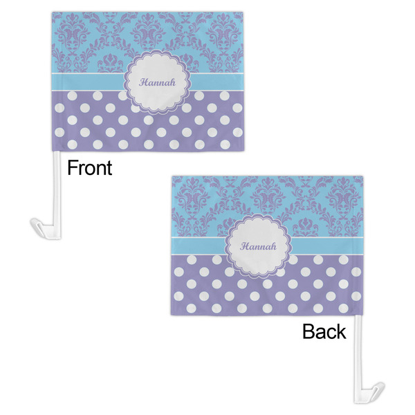 Purple Damask & Dots Car Flag - 11" x 8" - Front & Back View