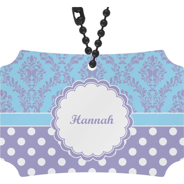 Custom Purple Damask & Dots Rear View Mirror Ornament (Personalized)