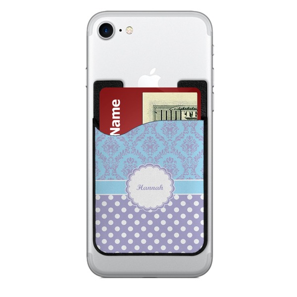Custom Purple Damask & Dots 2-in-1 Cell Phone Credit Card Holder & Screen Cleaner (Personalized)