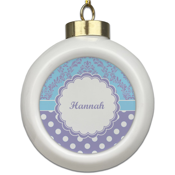 Custom Purple Damask & Dots Ceramic Ball Ornament (Personalized)