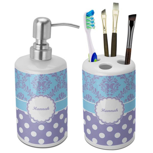 Custom Purple Damask & Dots Ceramic Bathroom Accessories Set (Personalized)