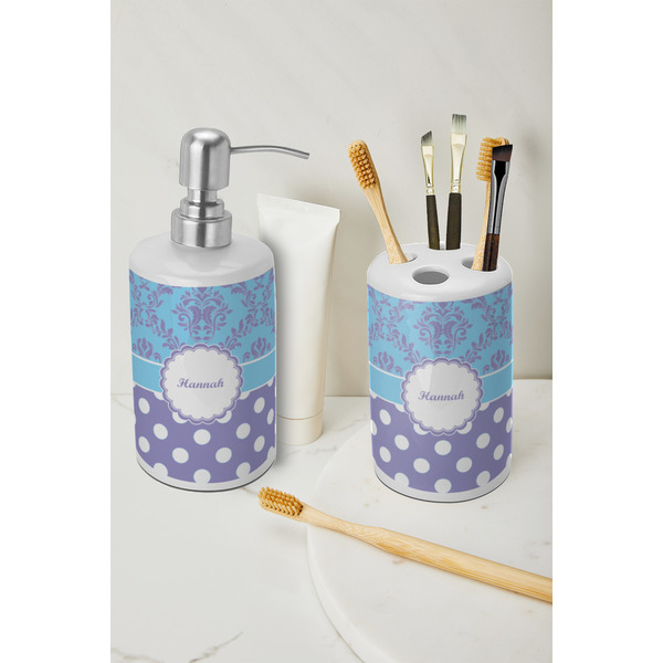 Purple Damask & Dots Ceramic Bathroom Accessories - LIFESTYLE (toothbrush holder & soap dispenser)