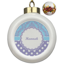 Purple Damask & Dots Ceramic Ball Ornaments - Poinsettia Garland (Personalized)