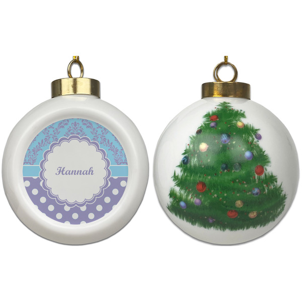 Purple Damask & Dots Ceramic Christmas Ornament - X-Mas Tree (APPROVAL)