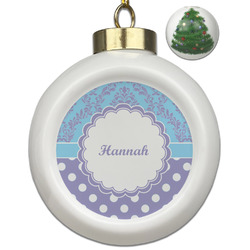 Purple Damask & Dots Ceramic Ball Ornament - Christmas Tree (Personalized)