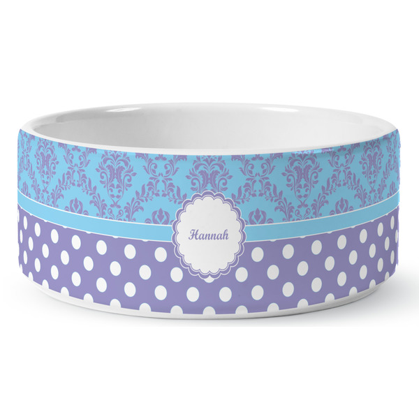 Purple Damask & Dots Ceramic Dog Bowl - Medium - Front