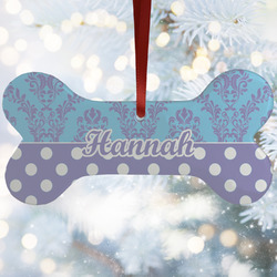 Purple Damask & Dots Ceramic Dog Ornament w/ Name or Text