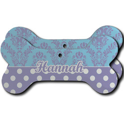 Purple Damask & Dots Ceramic Dog Ornament - Front & Back w/ Name or Text