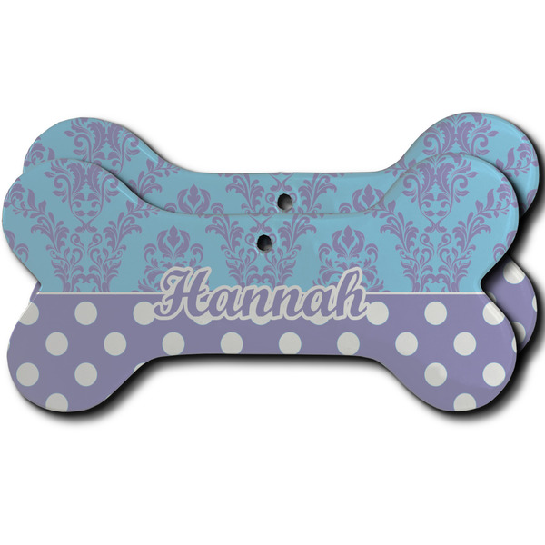 Custom Purple Damask & Dots Ceramic Dog Ornament - Front & Back w/ Name or Text