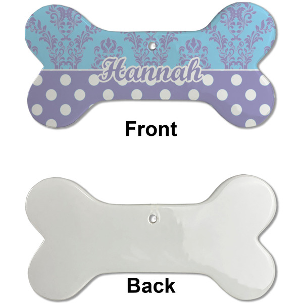 Purple Damask & Dots Ceramic Flat Ornament - Bone Front & Back Single Print (APPROVAL)