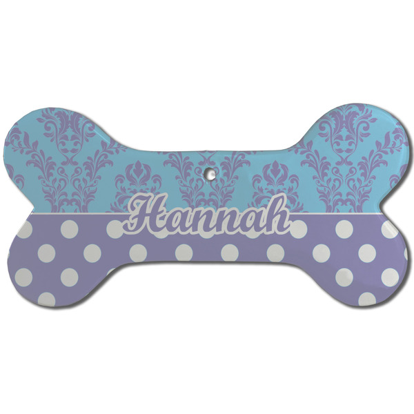 Custom Purple Damask & Dots Ceramic Dog Ornament - Front w/ Name or Text